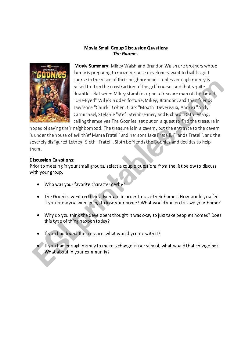 Goonies Discussion worksheet