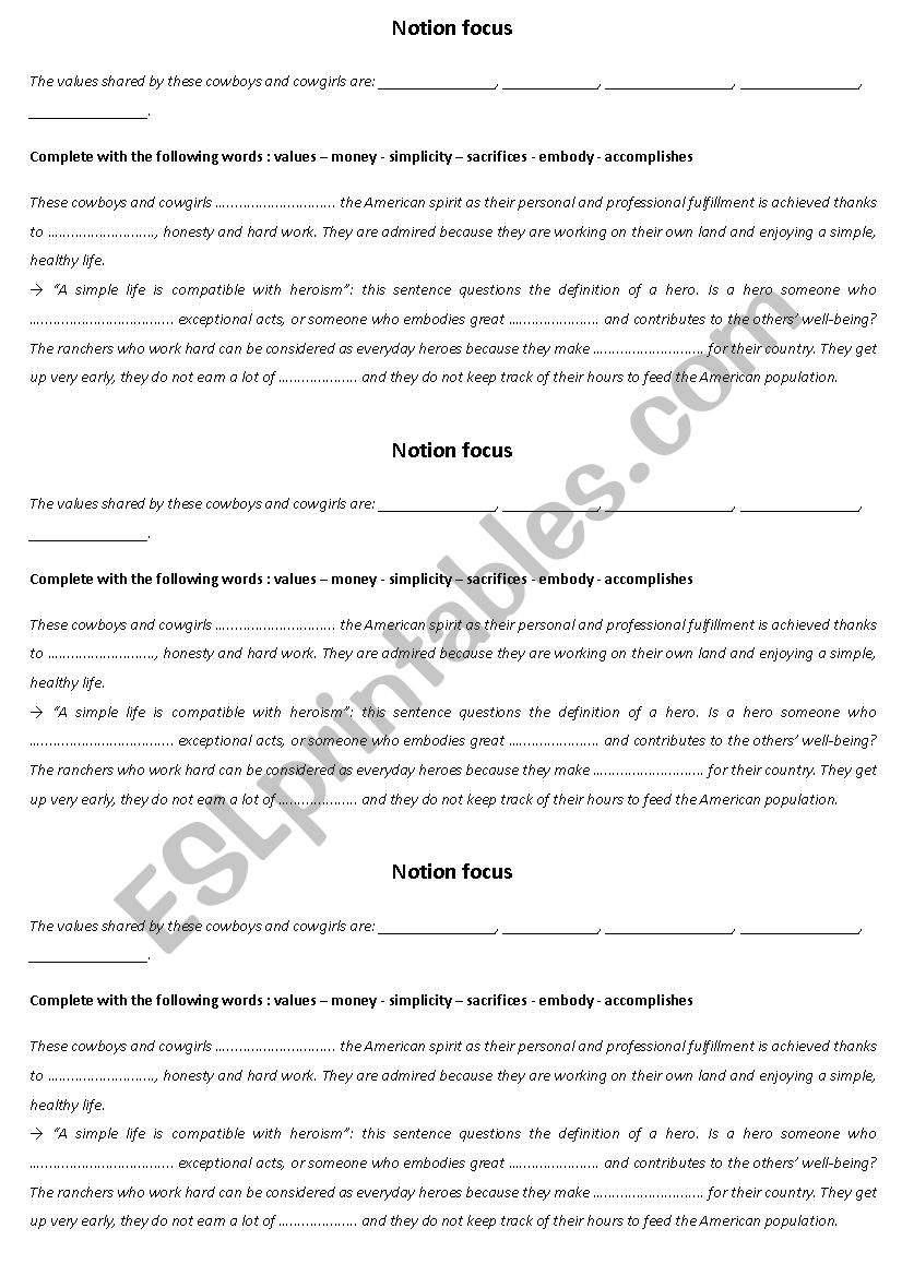 Cowboys values worksheet