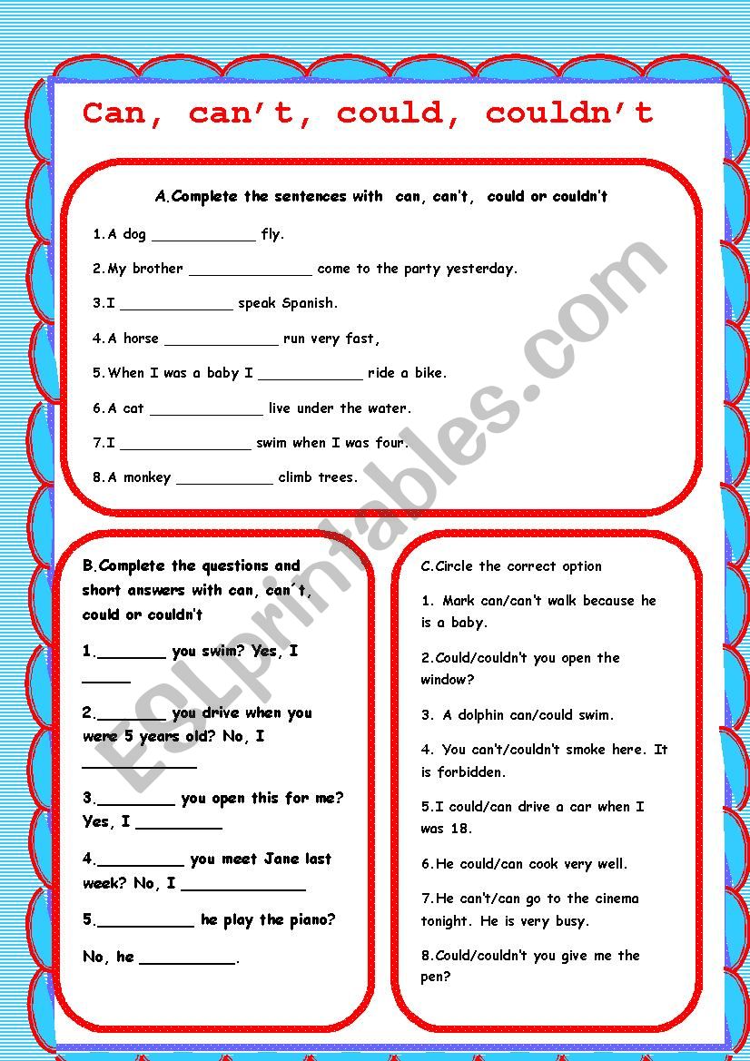 can, canÂ´t, could couldnÂ´t worksheet