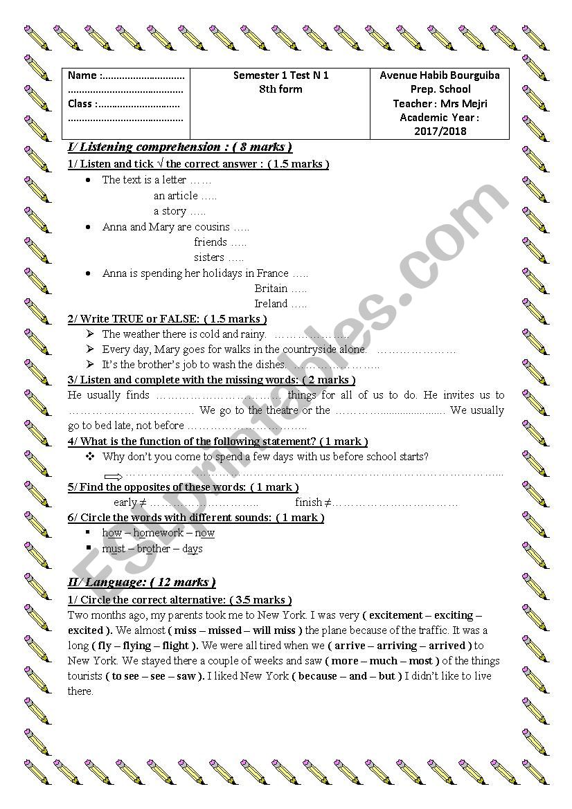 Semester 1 Test N1 8th form worksheet