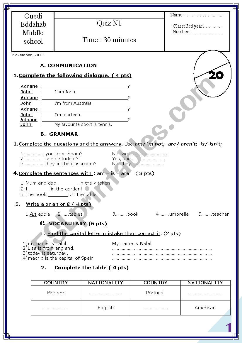 test worksheet