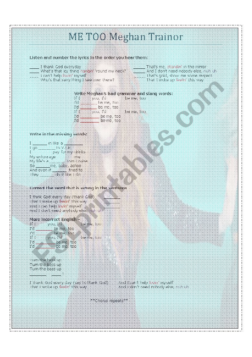 Me too by Meghan Trainor  worksheet