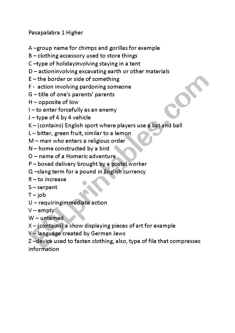 Pasapalabra Intermediate Plus worksheet