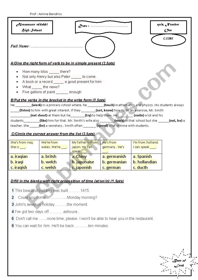 visa exams worksheet