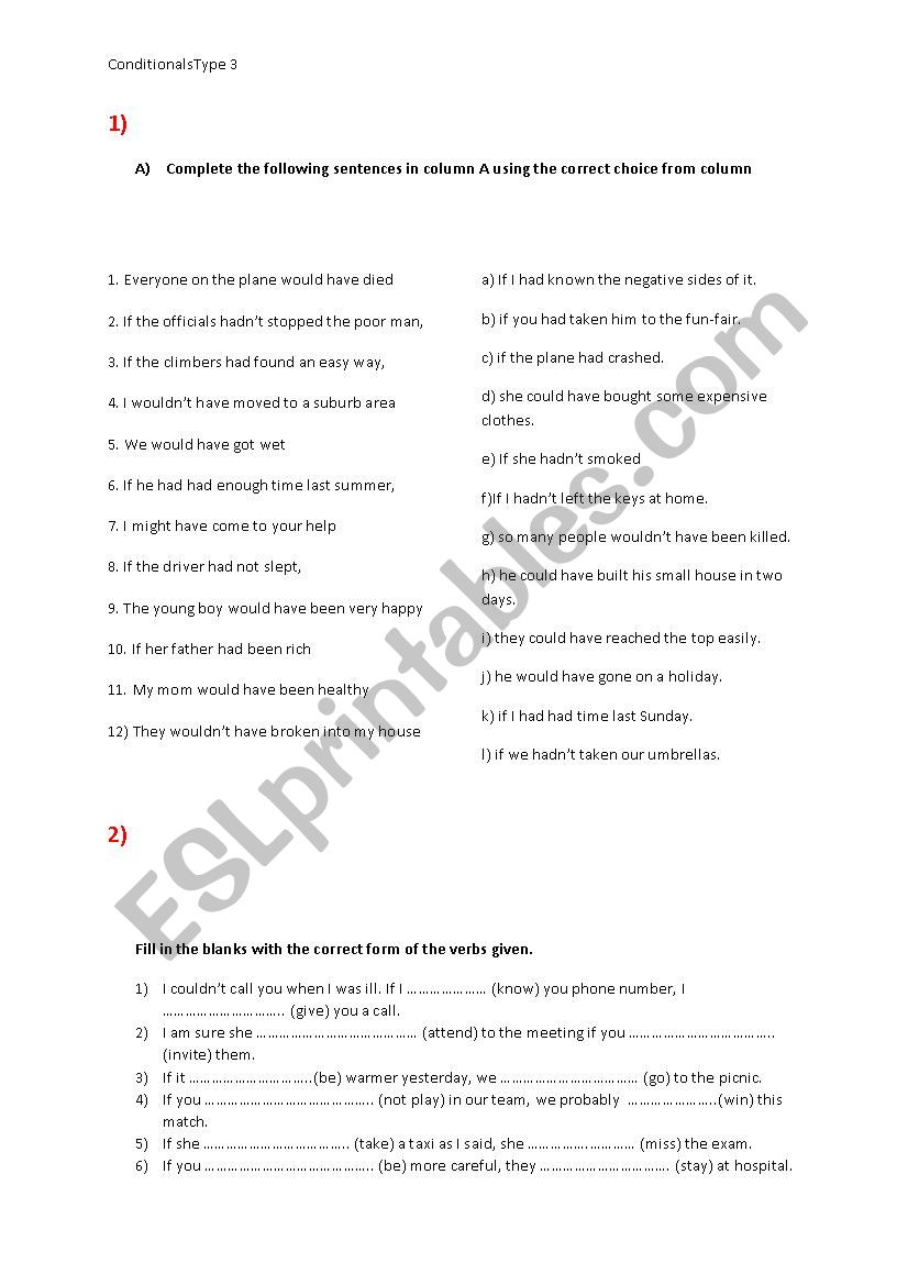 Conditionals type 3 worksheet