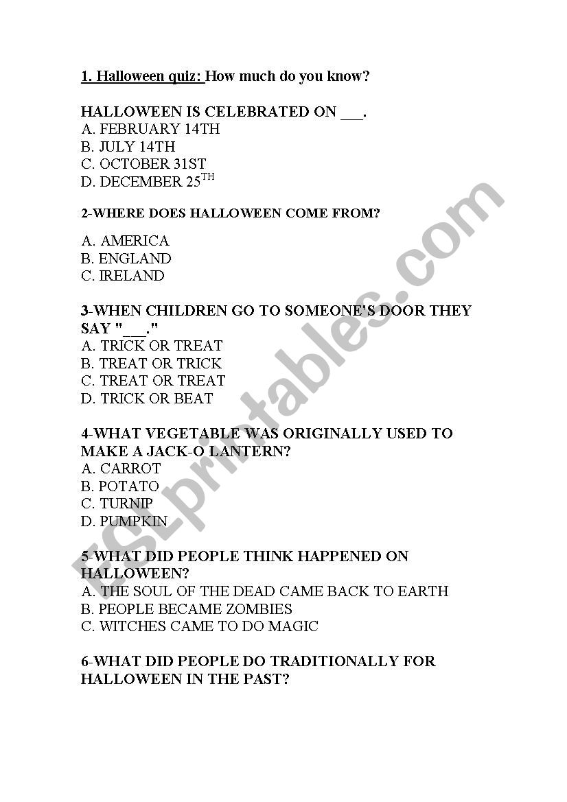 History of Halloween worksheet