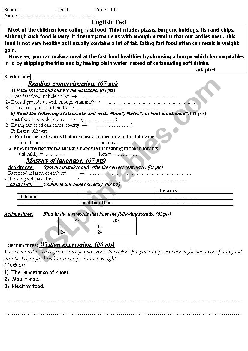 English test about food worksheet