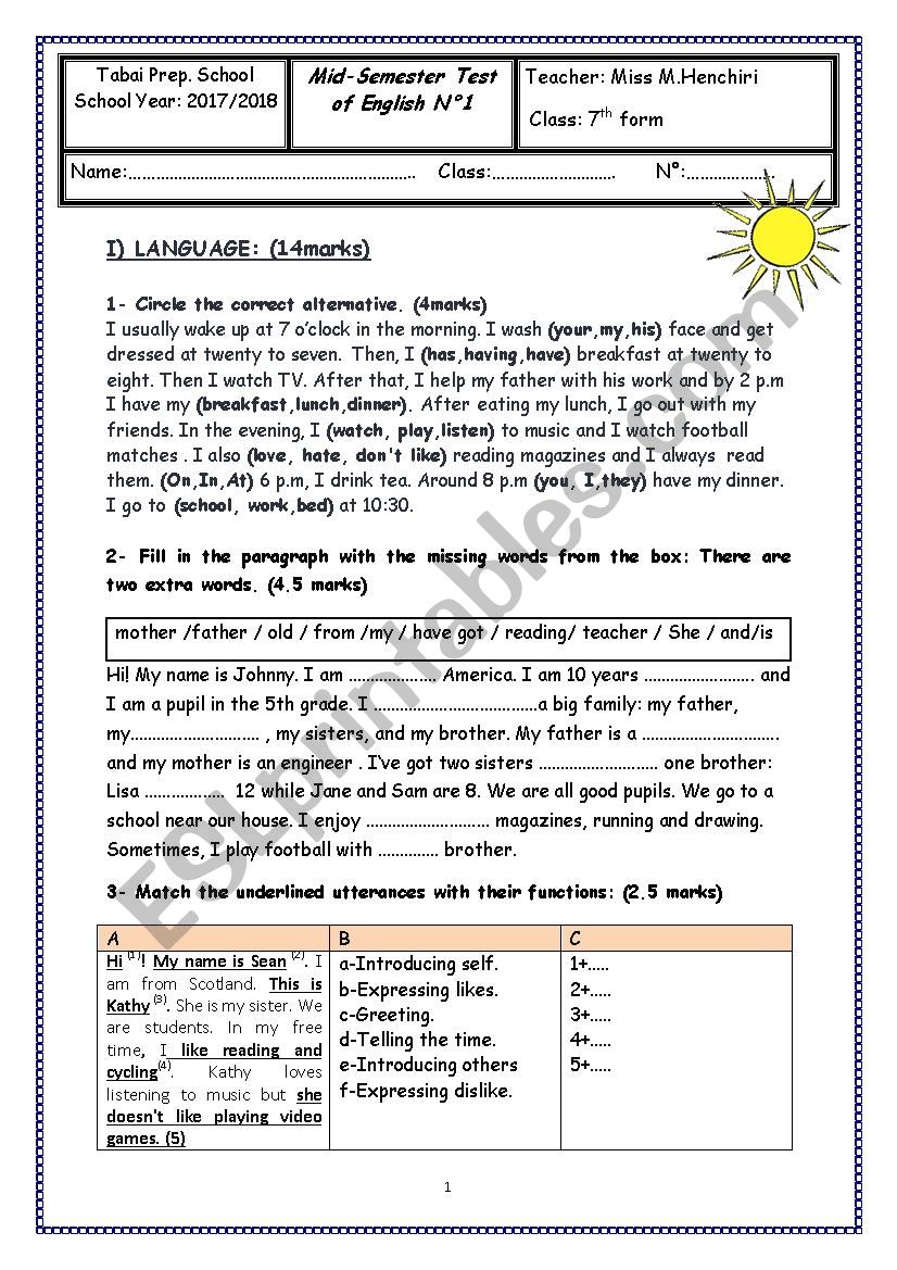 MidSemesterTestN1 7thForm  worksheet