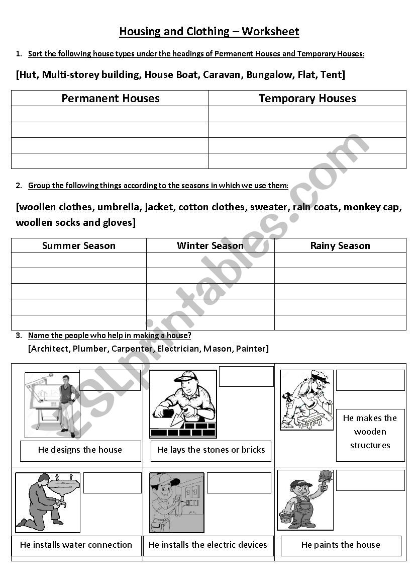 Housing And Clothing worksheet