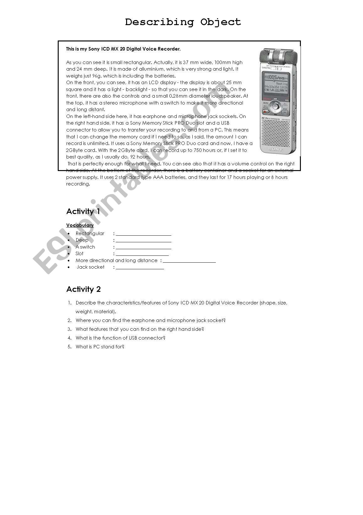 describing object worksheet