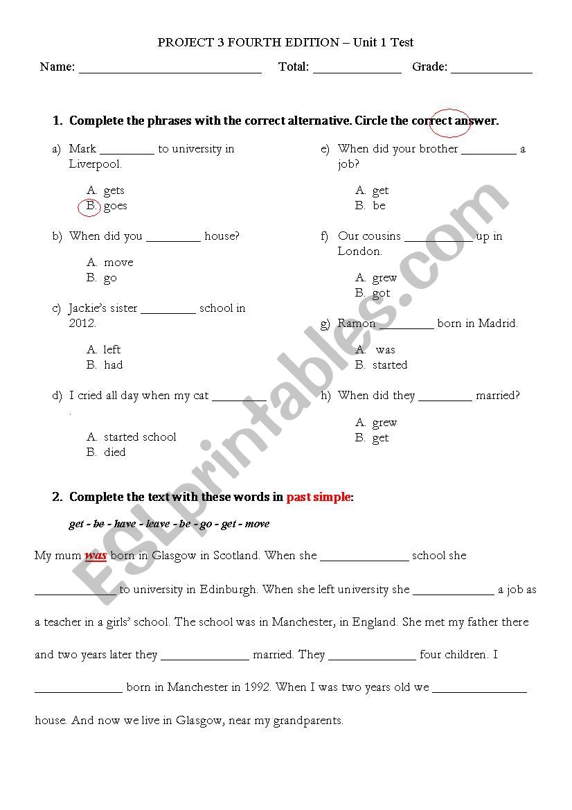 Project 3 Unit 1 Test worksheet