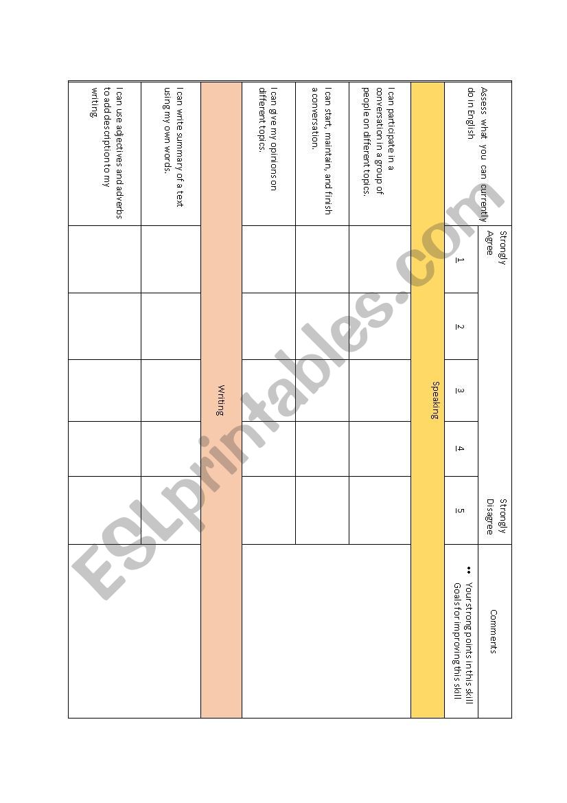 student self assessment  worksheet