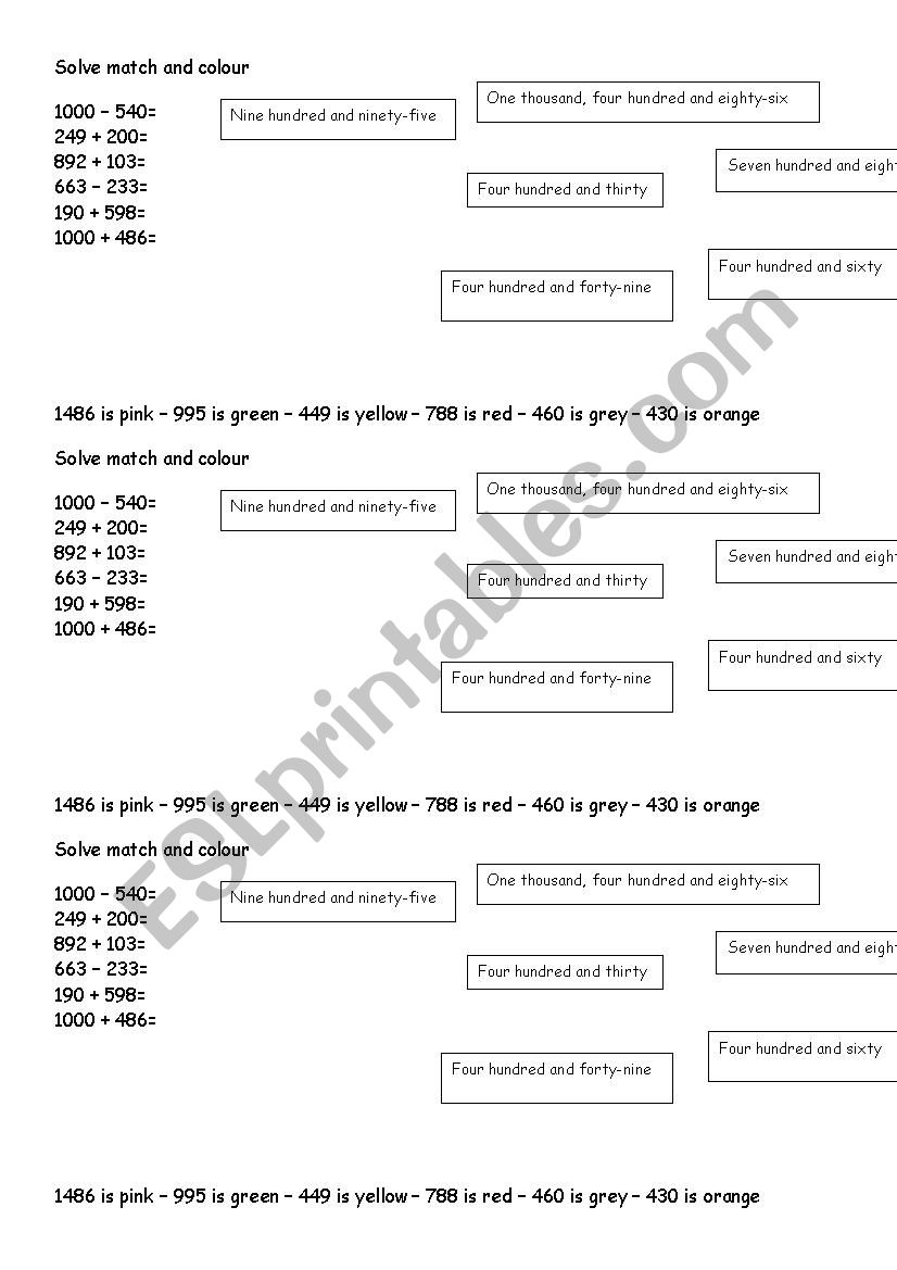 Solve, match and colour worksheet