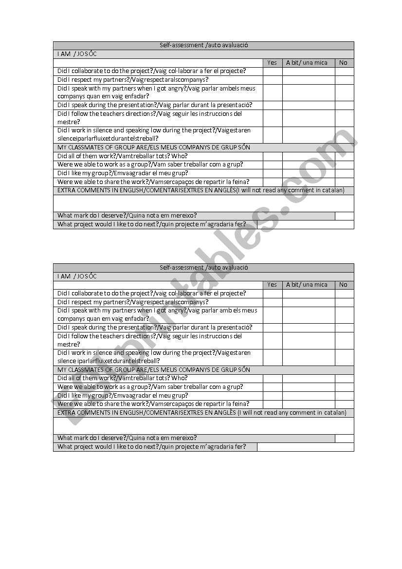 Self assessment worksheet