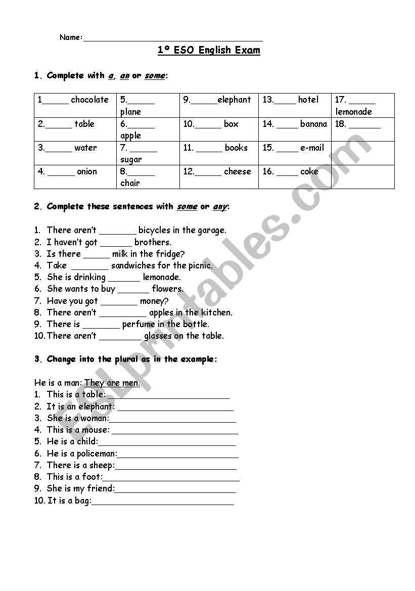 exam worksheet