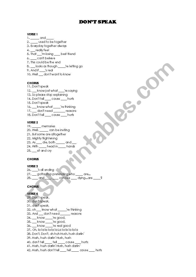 Dont Speak song activity worksheet