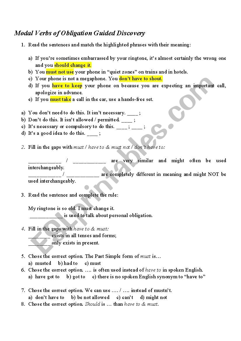 Modal Verbs of Obligation worksheet