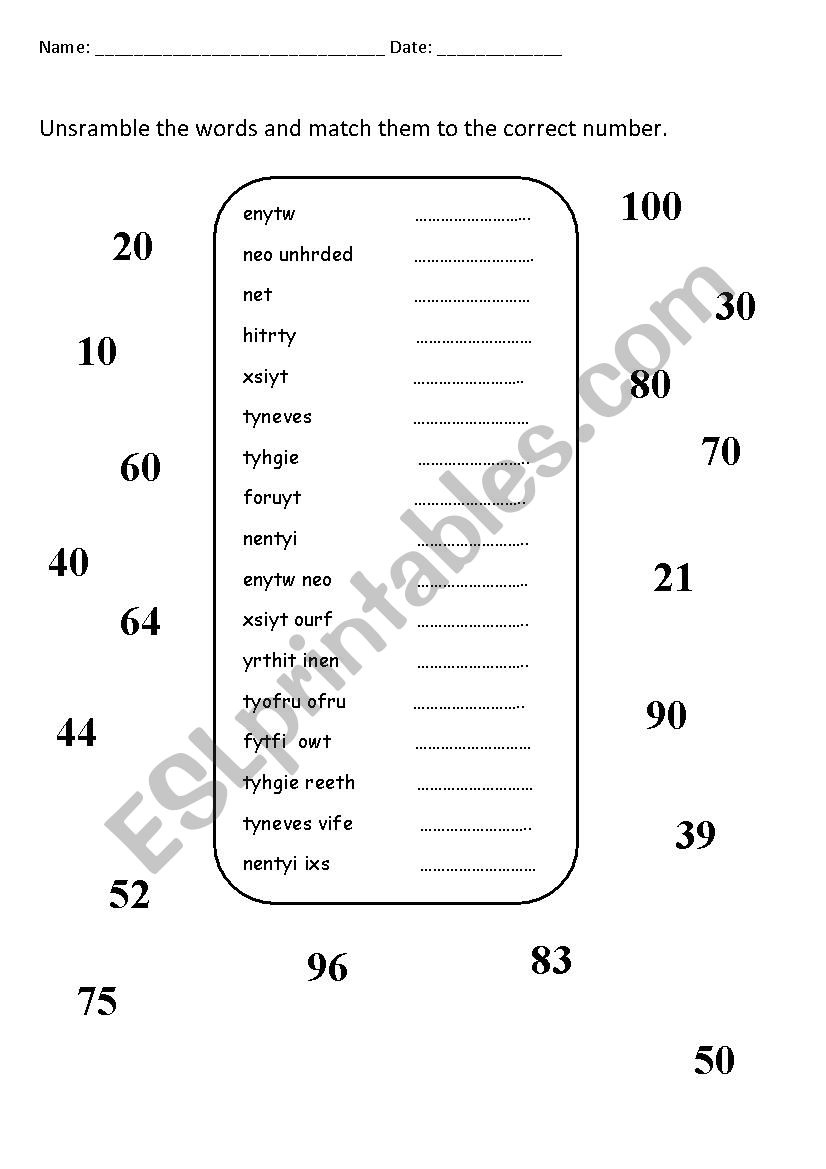 Numbers 10-100 worksheet