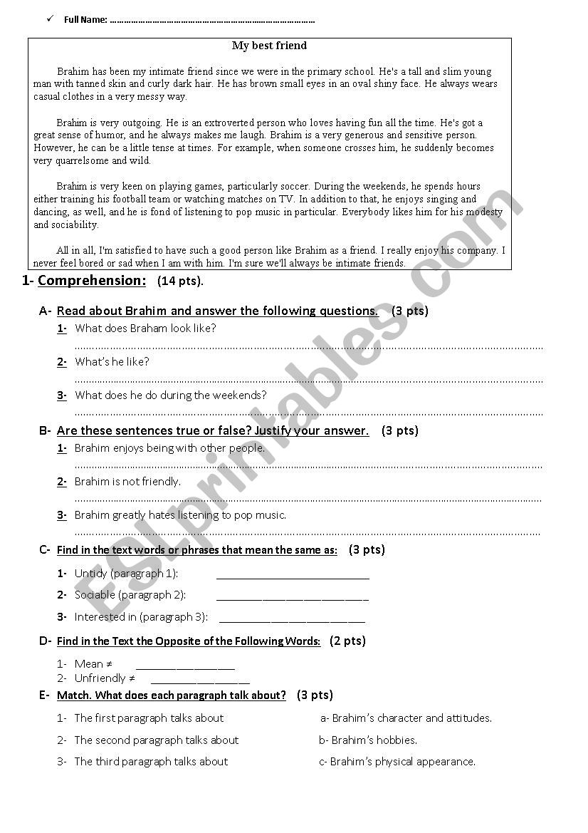 Test: Reading Comprehension worksheet