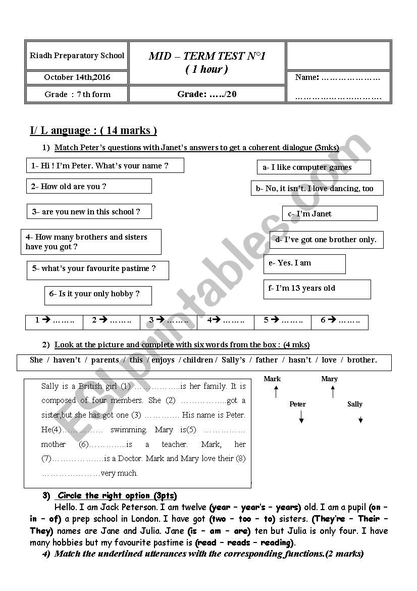 7th form mid term test 1 worksheet