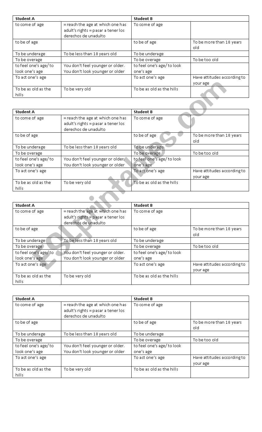 Expressions with age worksheet
