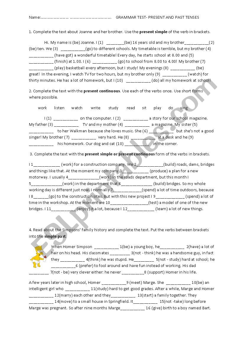 present and past teses worksheet