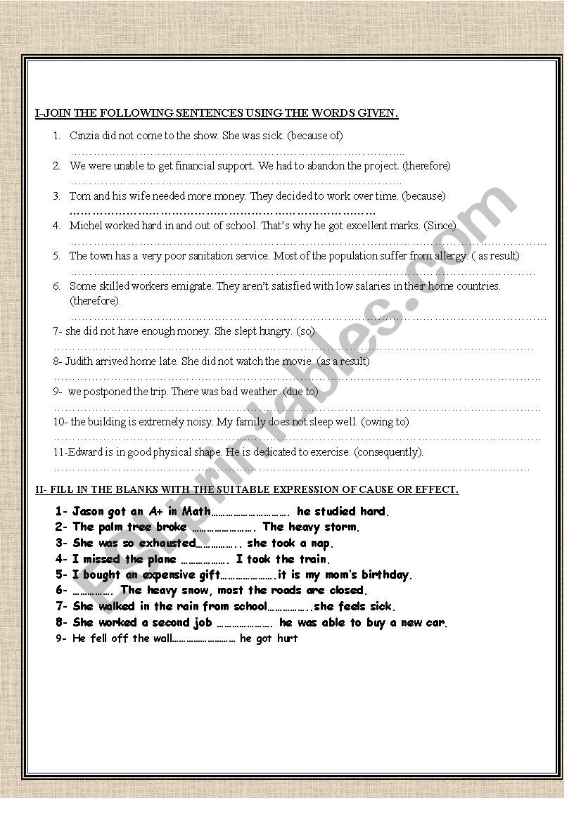CAUSE AND EFFECT worksheet
