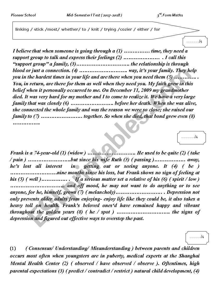 3rd Form mid semester test pioneer school