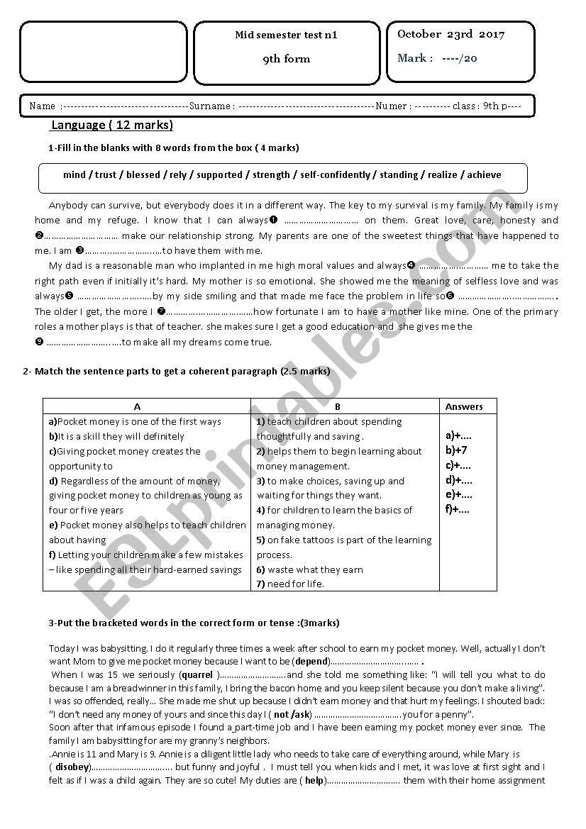 mid semester test 1 9th form  worksheet