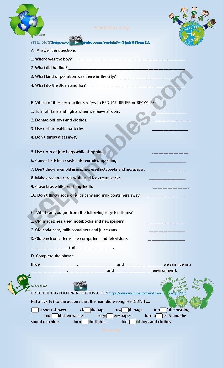 Reduce, Reuse and Recycle worksheet