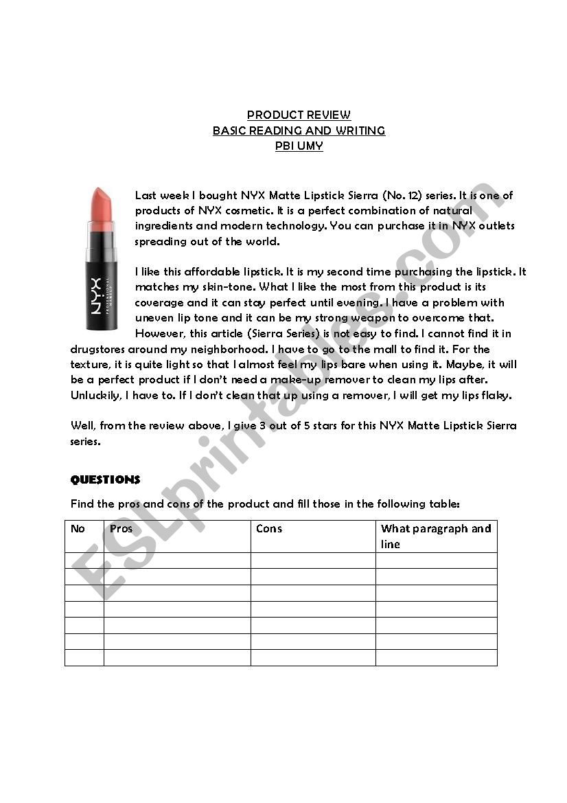 Product Review worksheet