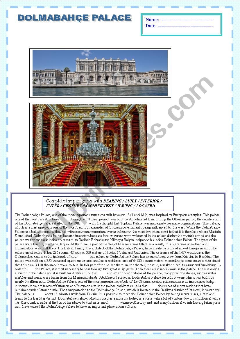 DOLMABAHCE PALACE - READING  worksheet