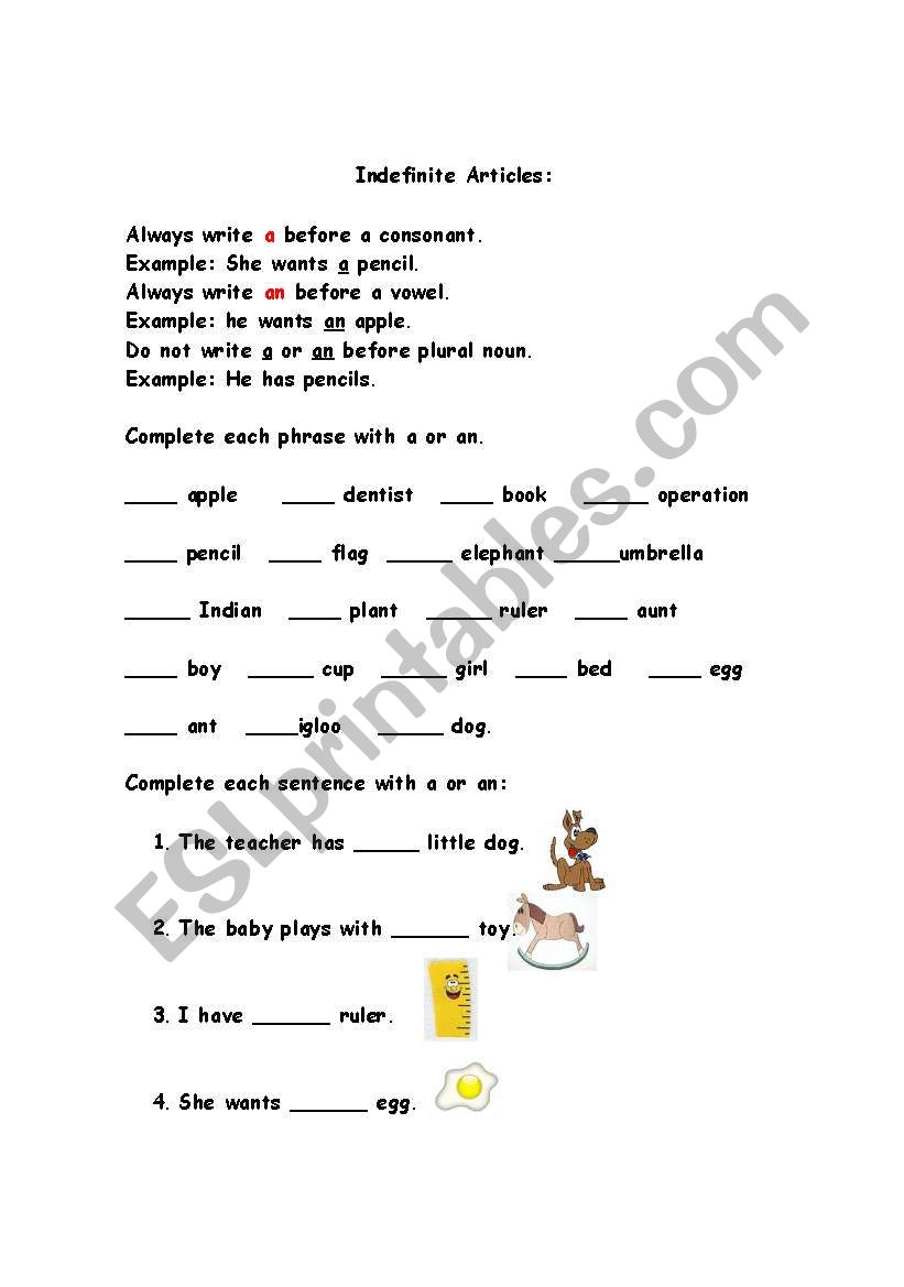 Indefinite articles worksheet