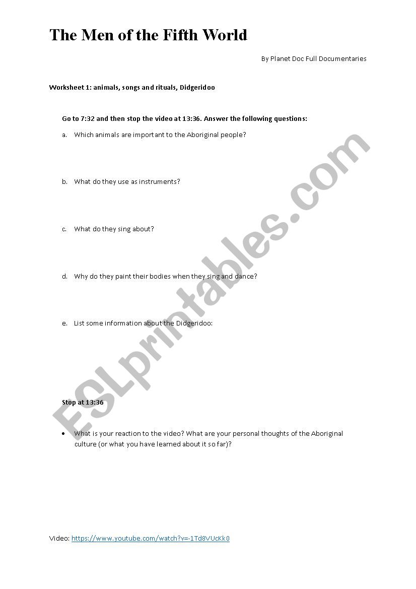 Worksheet Aboriginal people of Australia - documentary