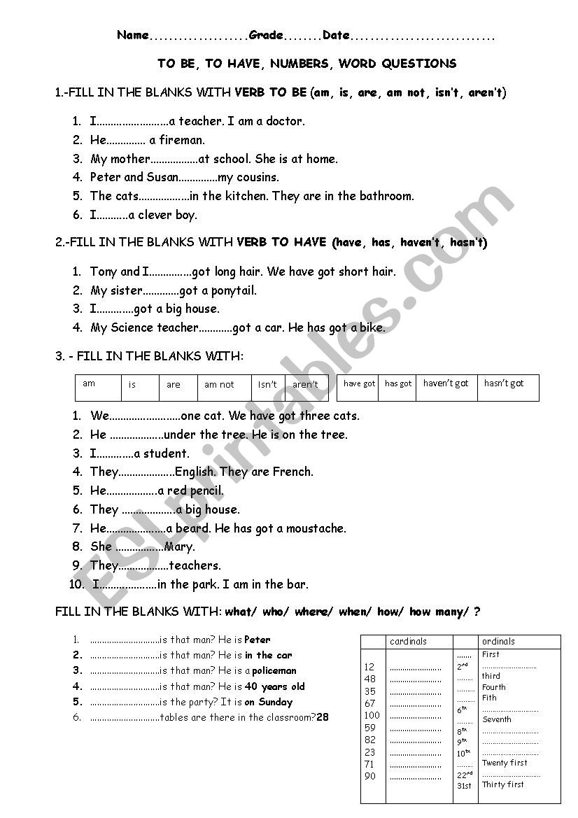 Be, have, word questions, numbers review