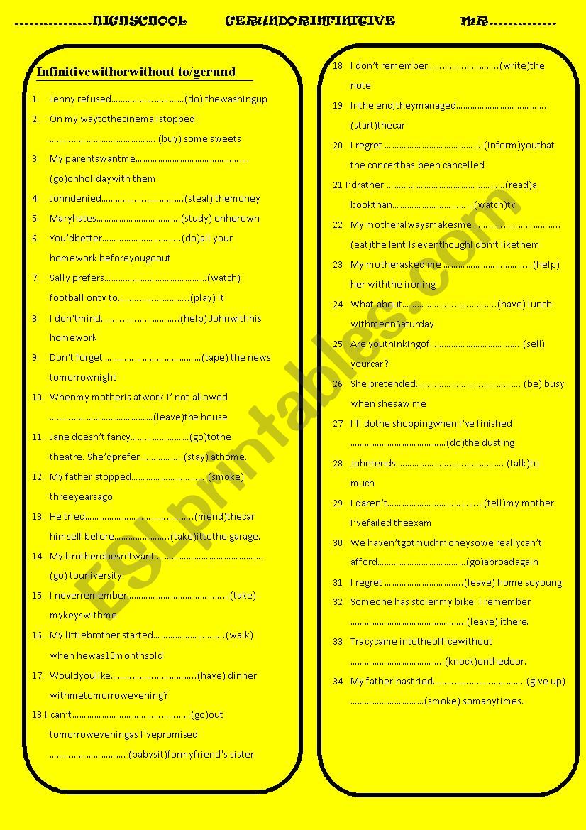 GERUND OR INFINITIVE worksheet