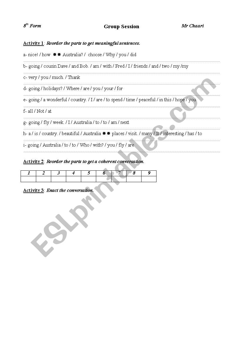 Group session Travelling worksheet