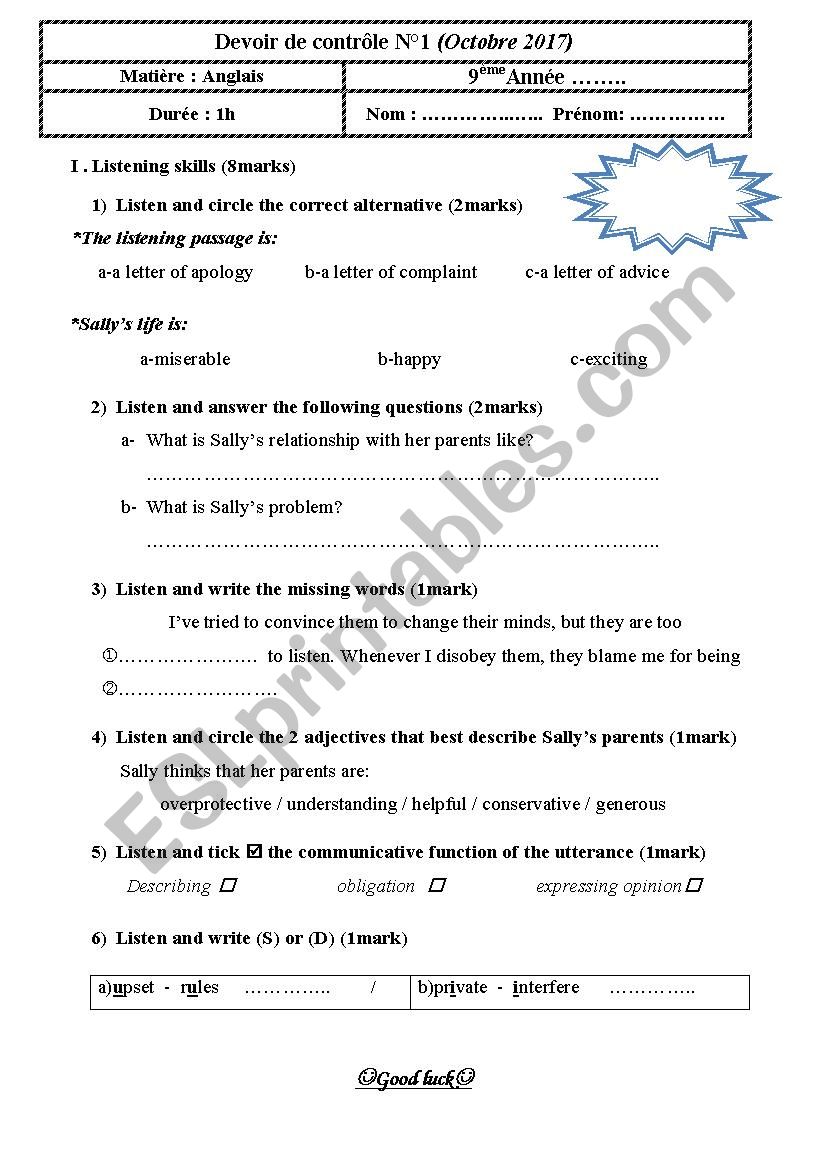 mid semester 1 test 9th form worksheet
