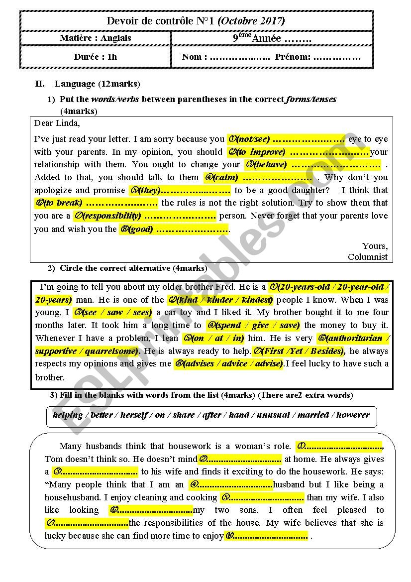 mid semester 1 test 9th form language part