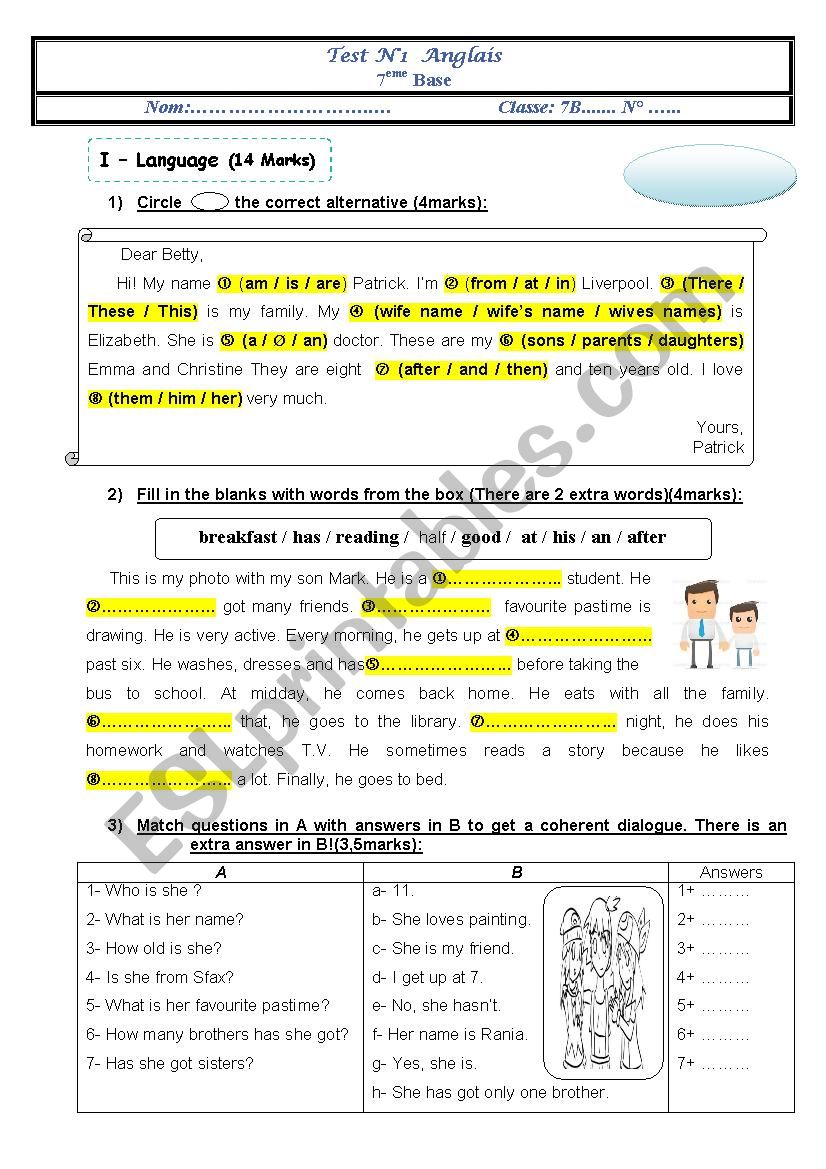 mid semester 1 test 7th form worksheet