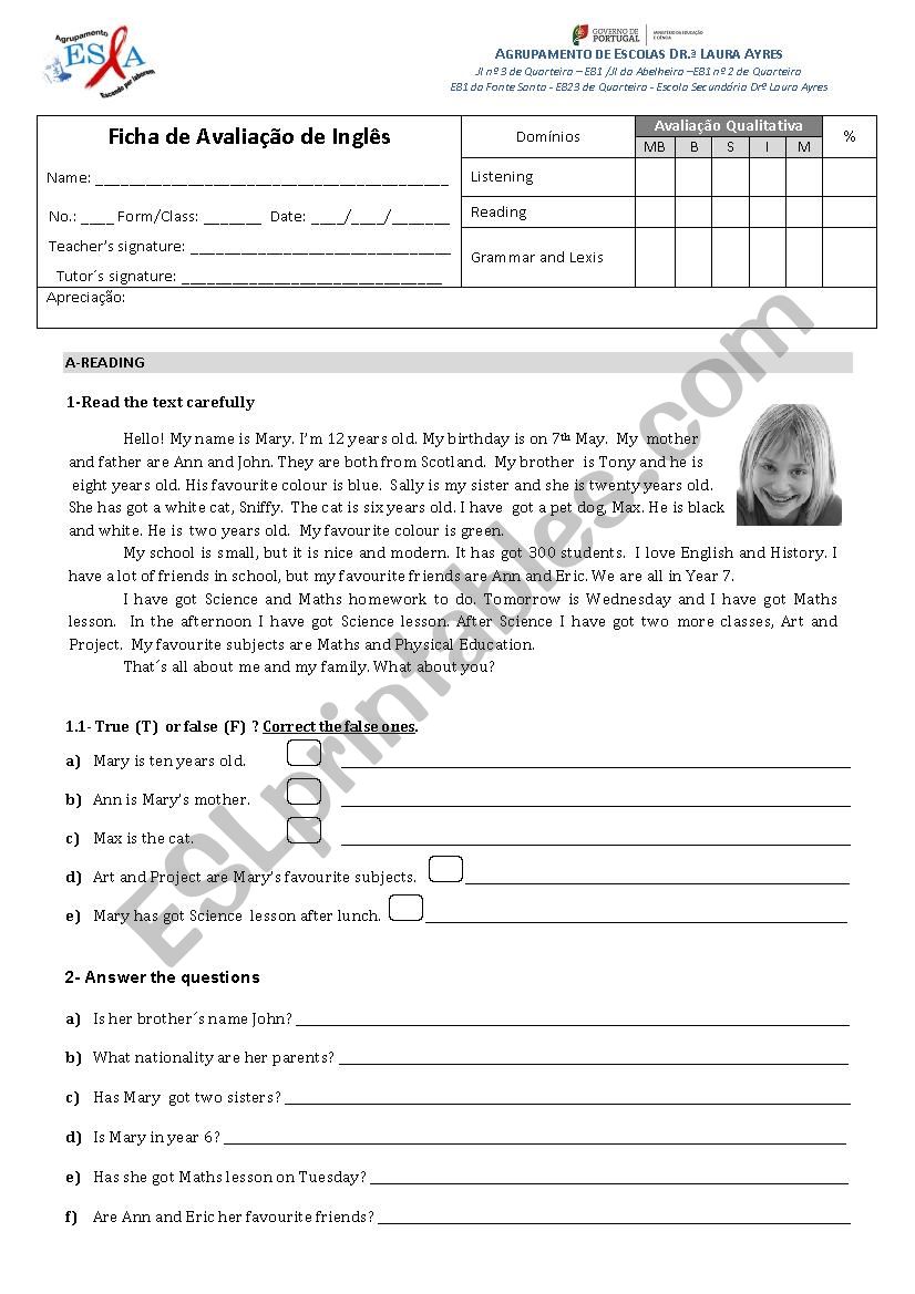 test 6th form part 1 worksheet