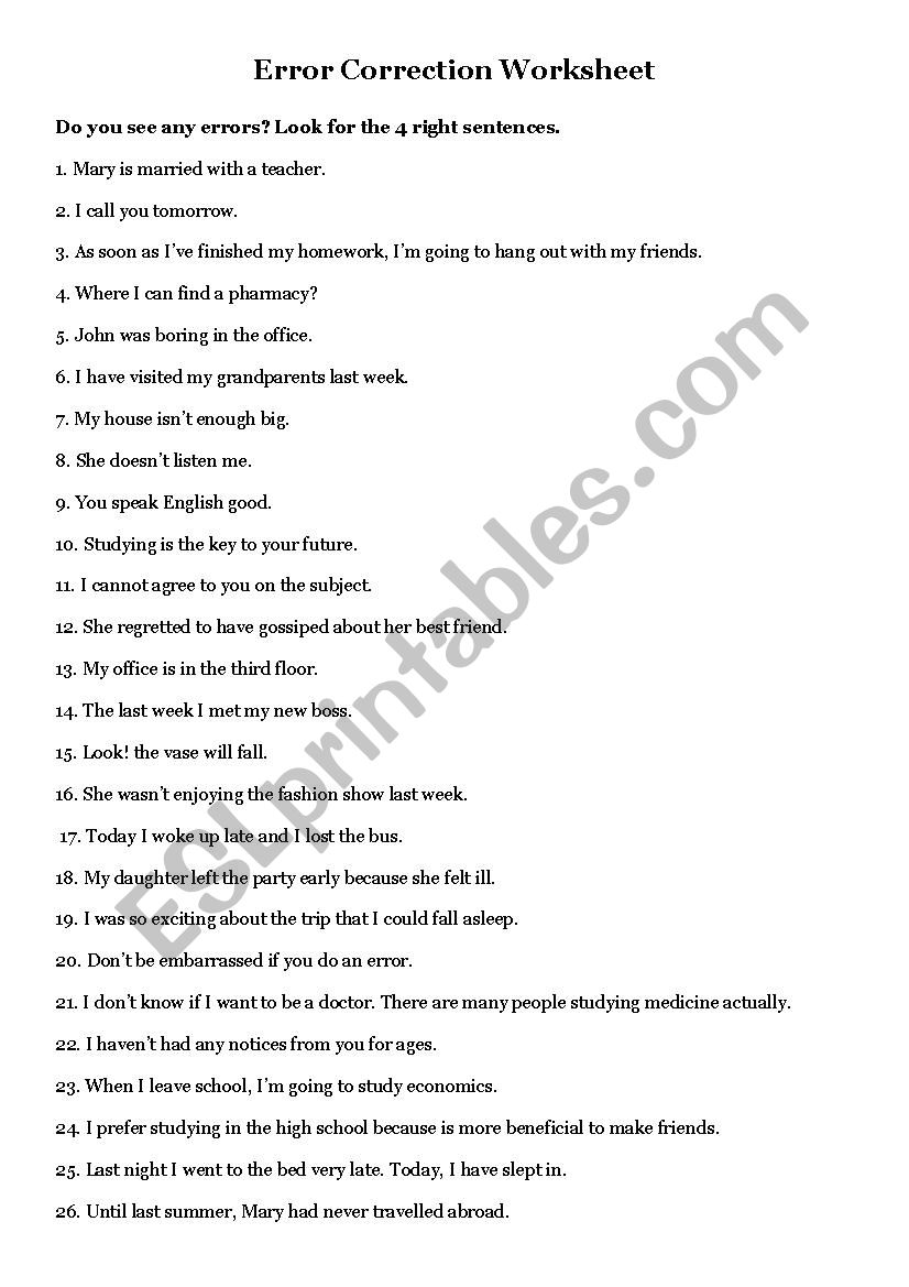 Errors correction worksheet