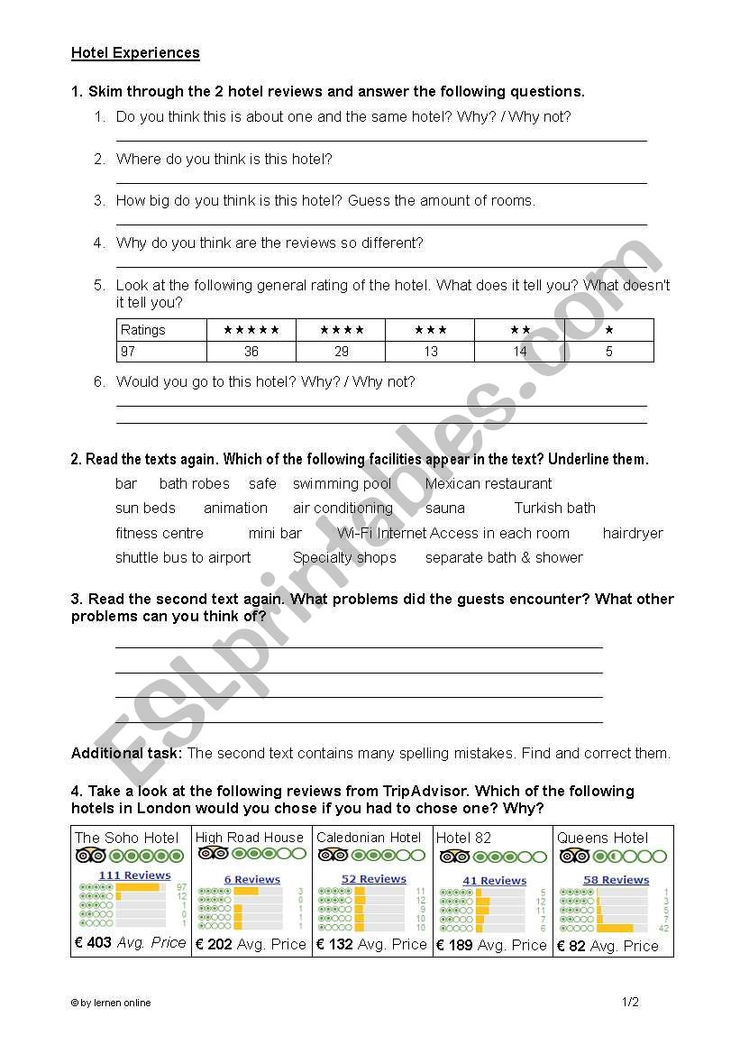 Hotel Experiences worksheet