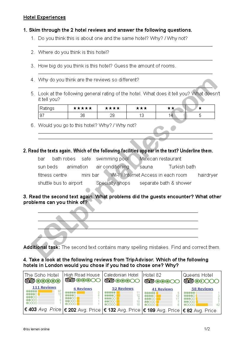 Hotel Experiences worksheet