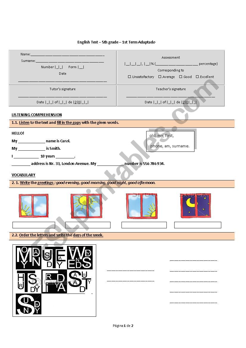 Test 5th-1st part worksheet