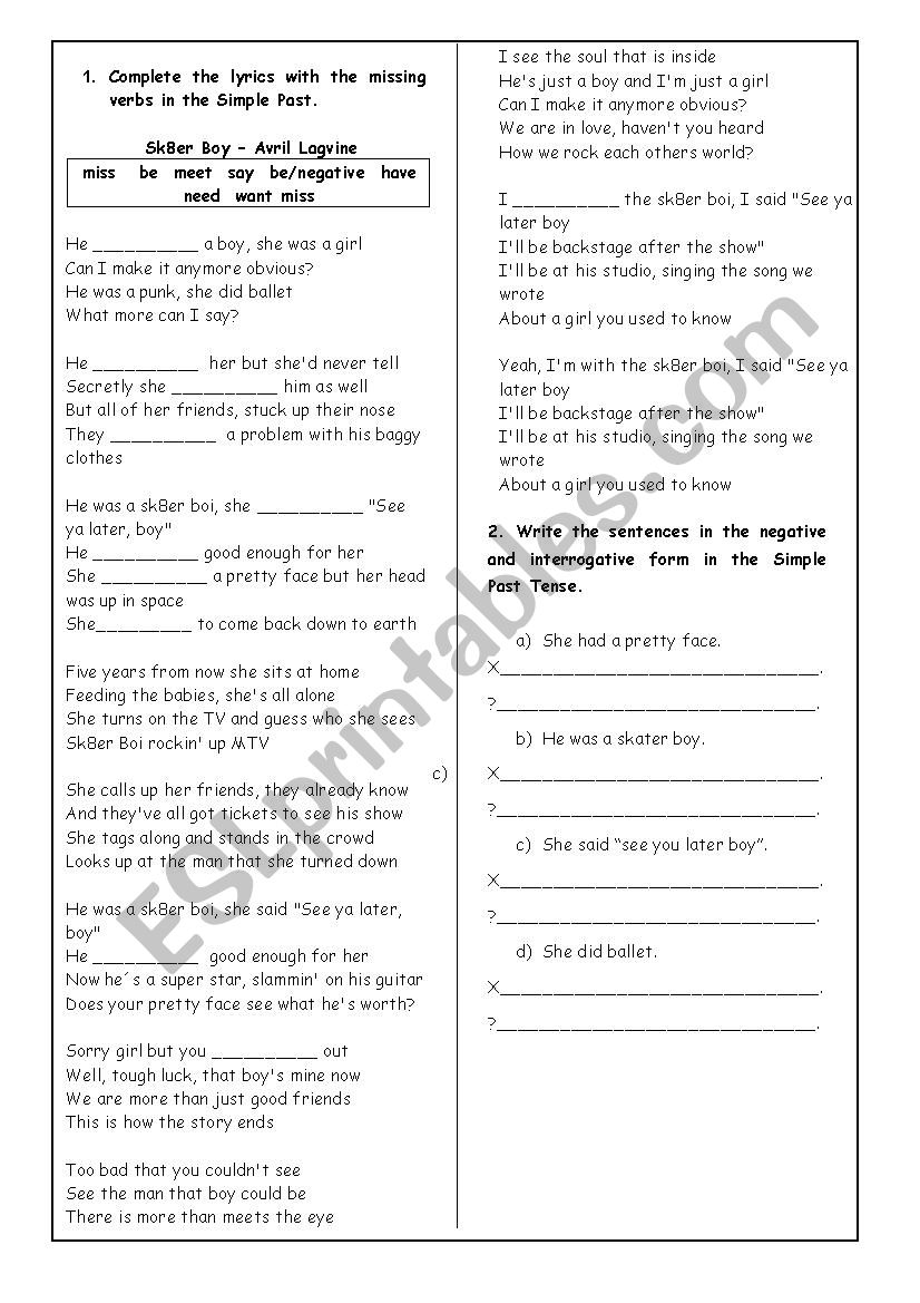 Skater Boy - Avril Lagvine worksheet