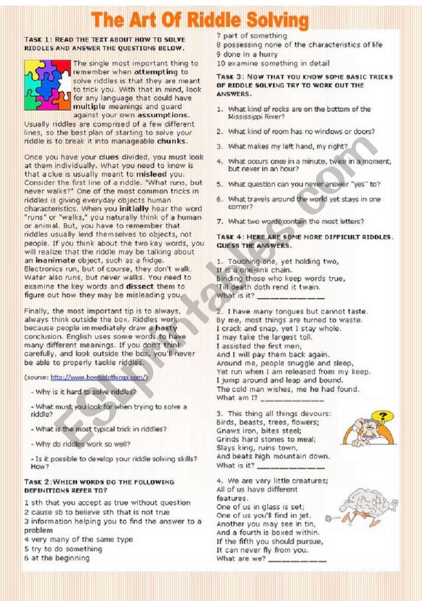 The Art of Riddle Solving worksheet