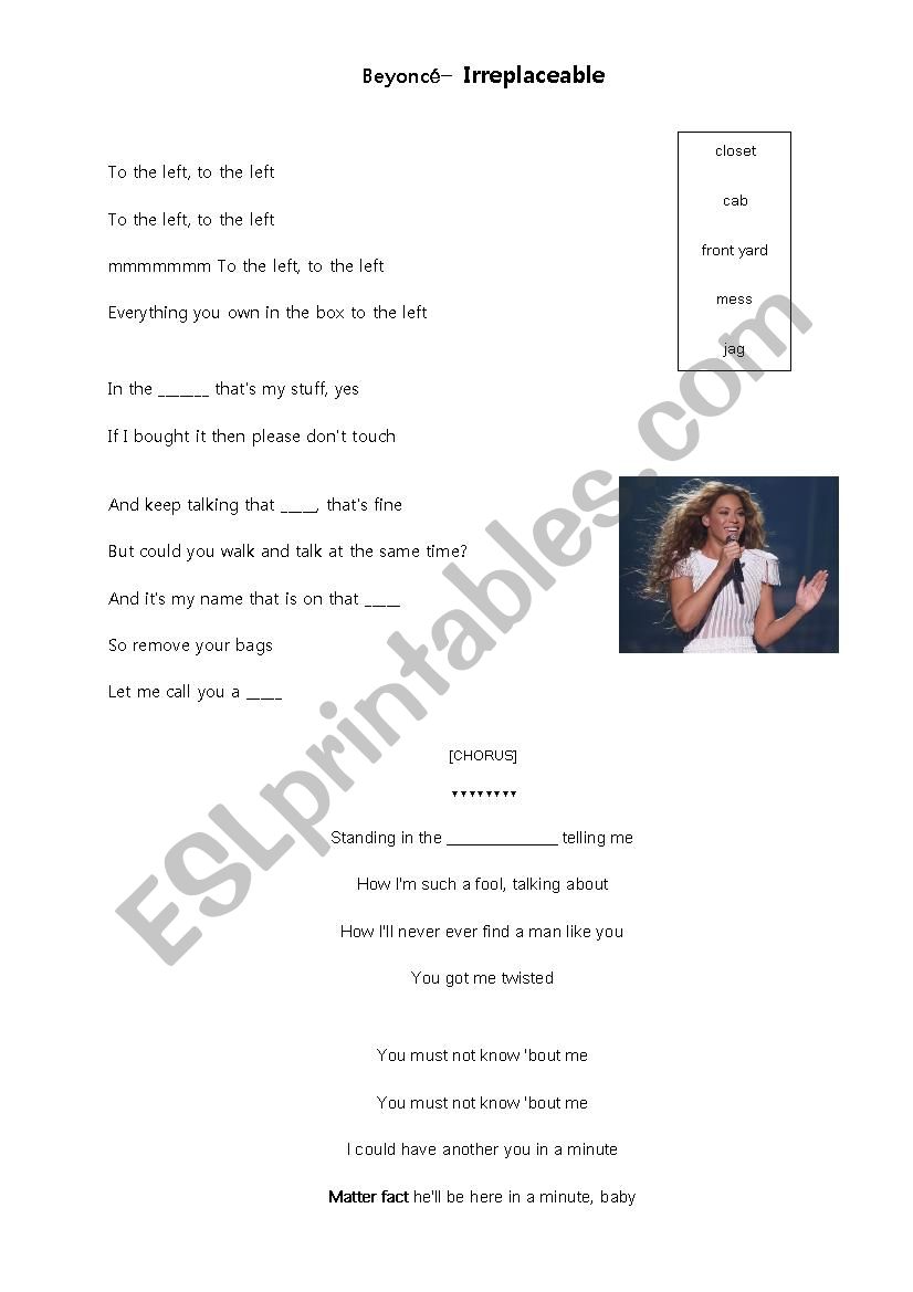 Beyonce - Irreplaceable worksheet