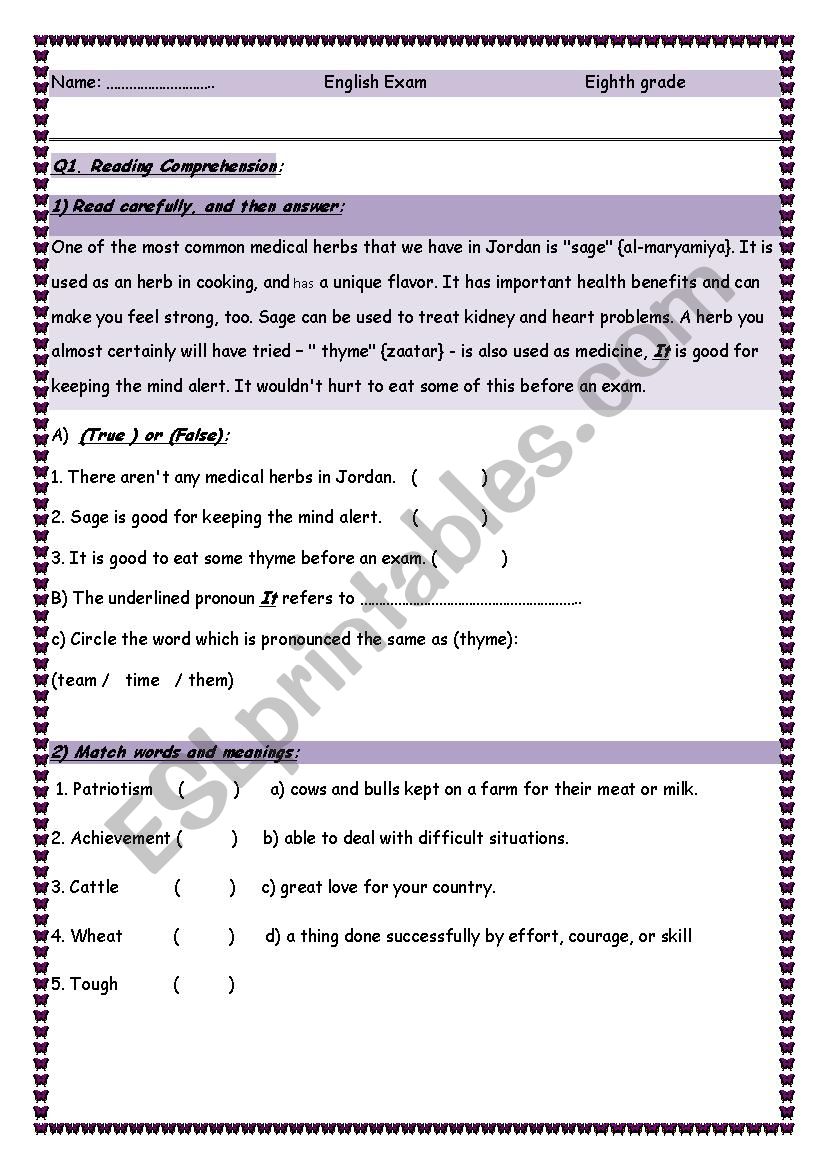 English test 8th grade worksheet