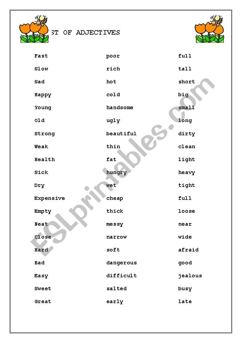 Basic list of adjectives worksheet